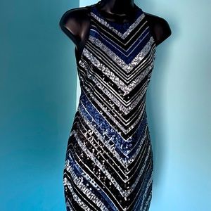 Express Blue Silver Sequin Stretch Party Dress XS Pre-owned Excellent Condition